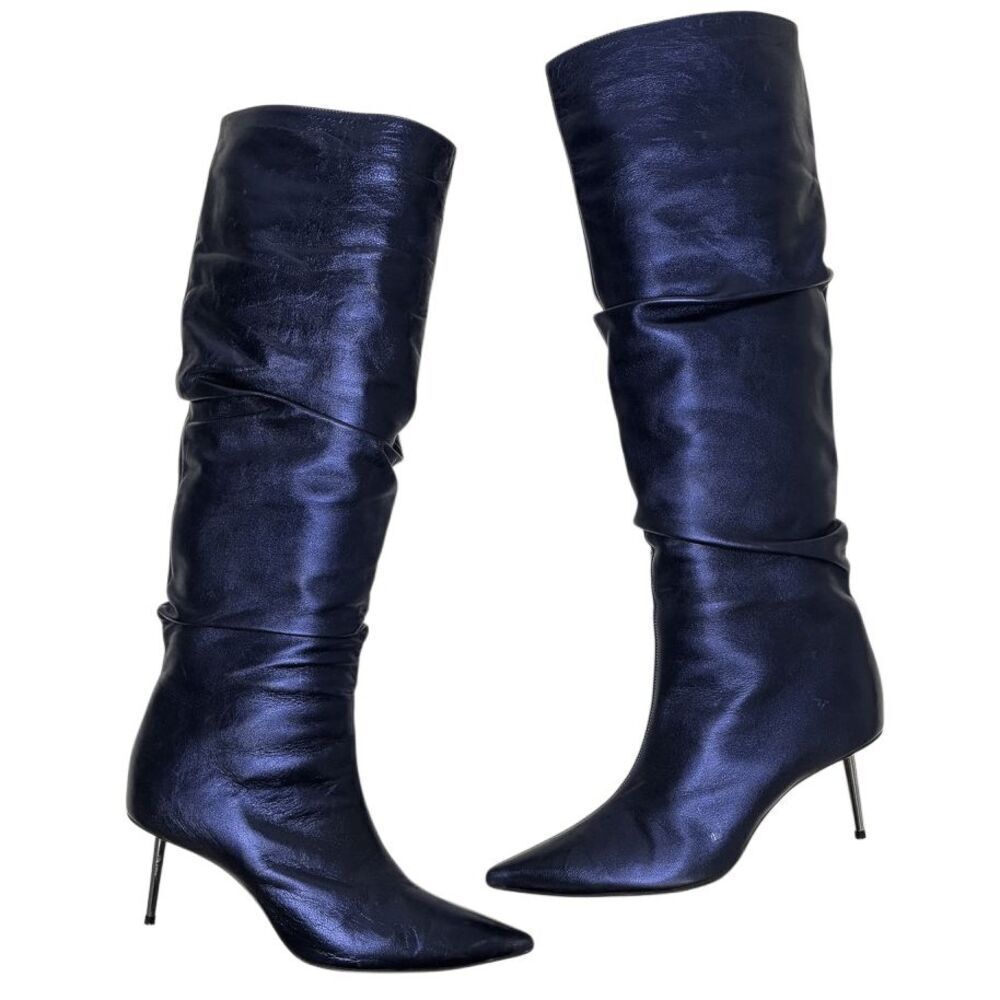 Christian Louboutin Epic Trotta 70MM Blue Metallic Leather Knee High Boots 37.5
